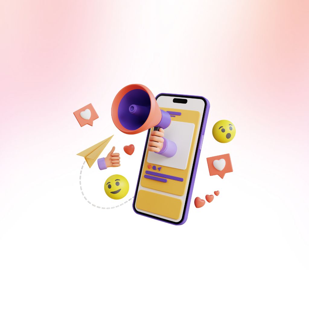 Floating 3D social media notification and heart icons representing community management.