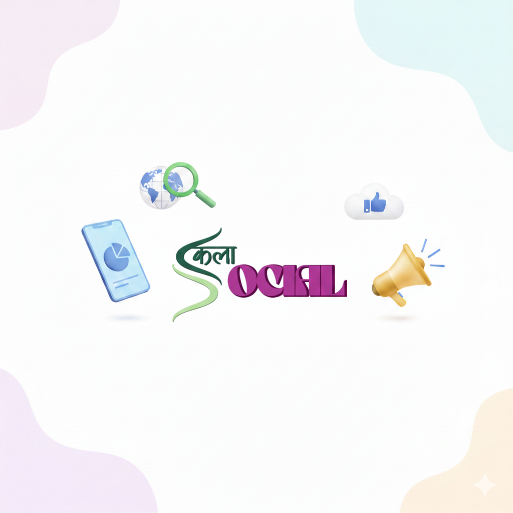 Minimalist branding for Kala Social featuring 3D digital marketing icons including a megaphone, smartphone with analytics, and a globe on a clean white background.